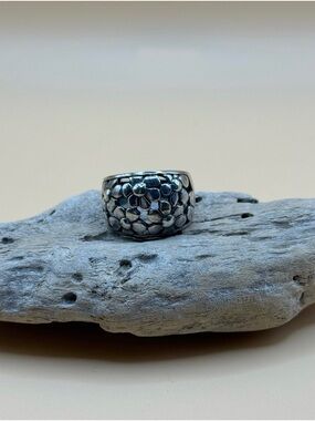 Vintage Textured Dome Sterling Silver Ring - Floral Pebble Design SIZE US 8